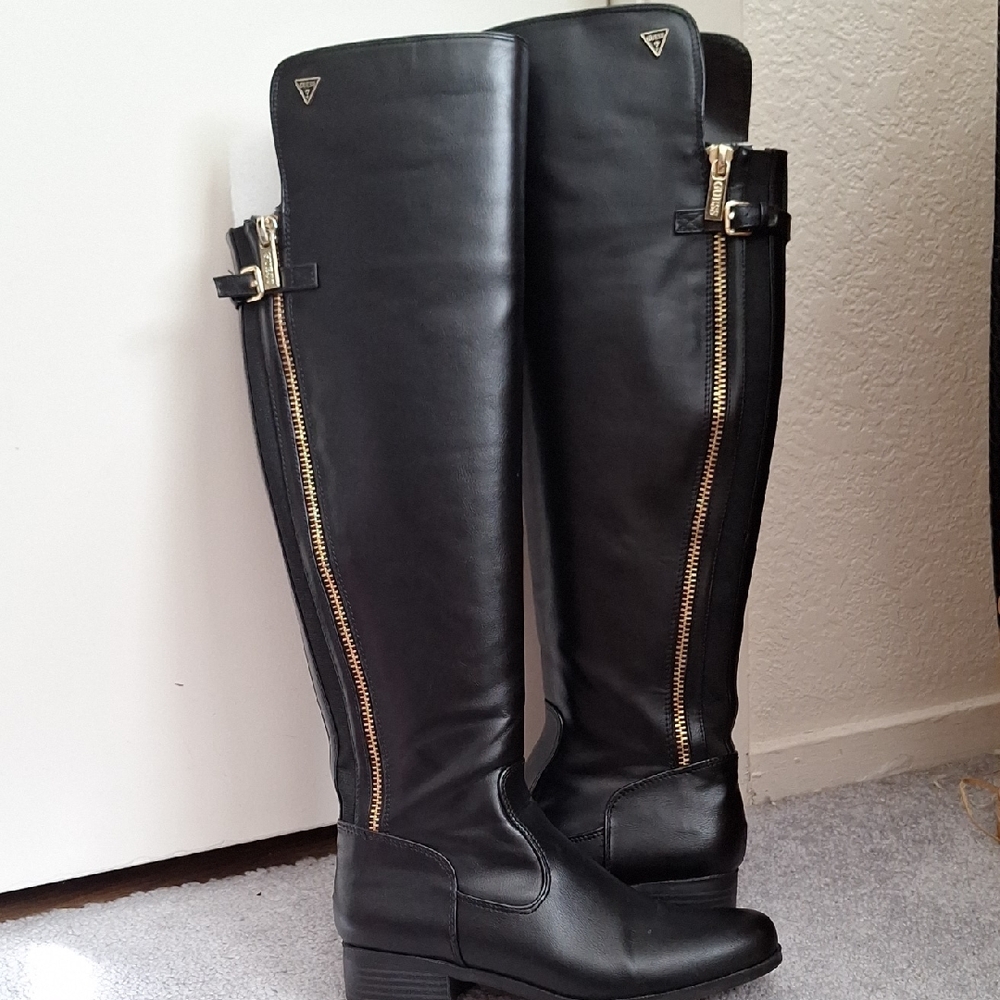 Stylish Guess Black Over the Knee Boots with Gold Zipper detail.